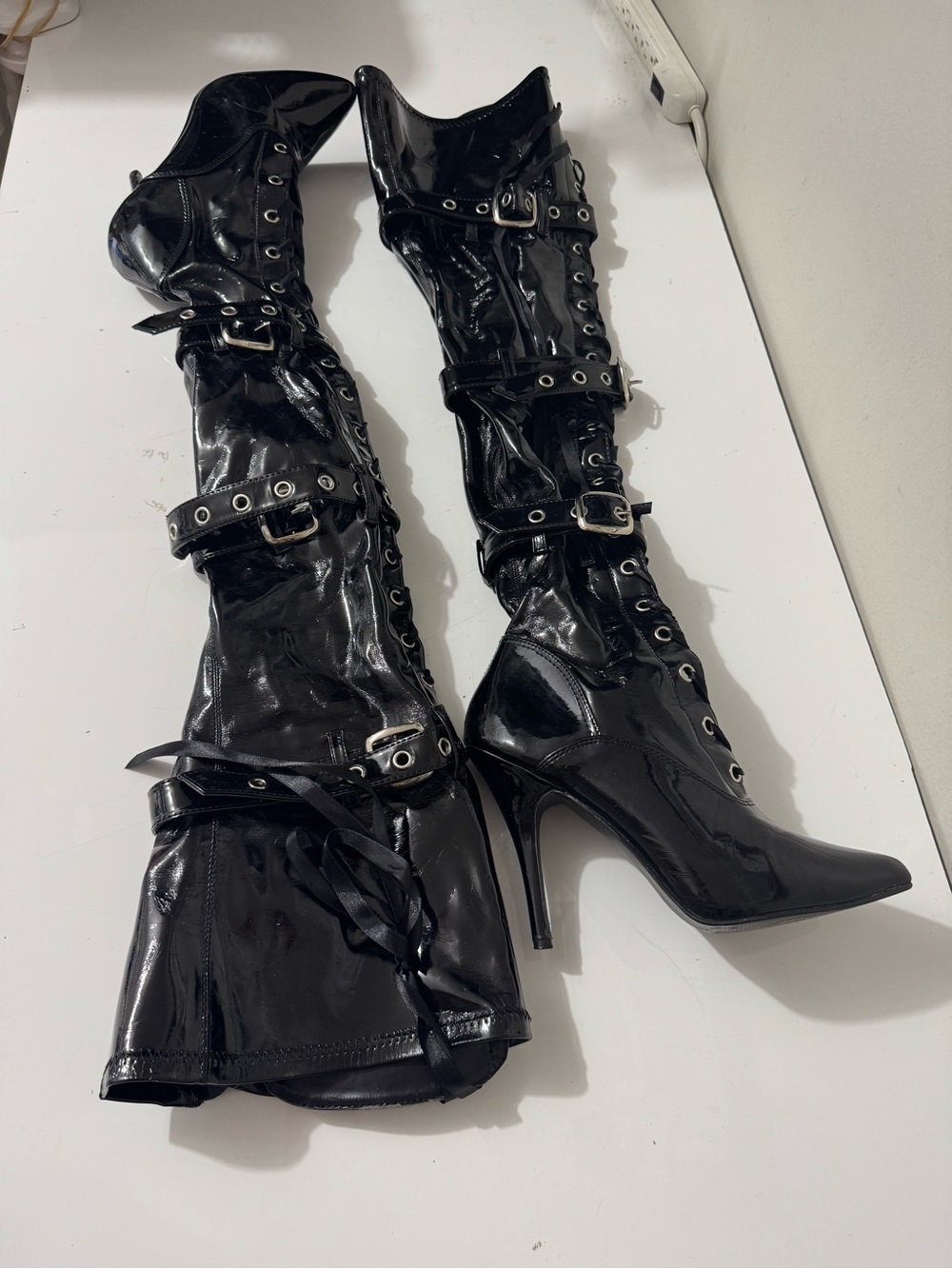 Pleaser Black Patent Over-the-Knee Lace-Up Stiletto Boots